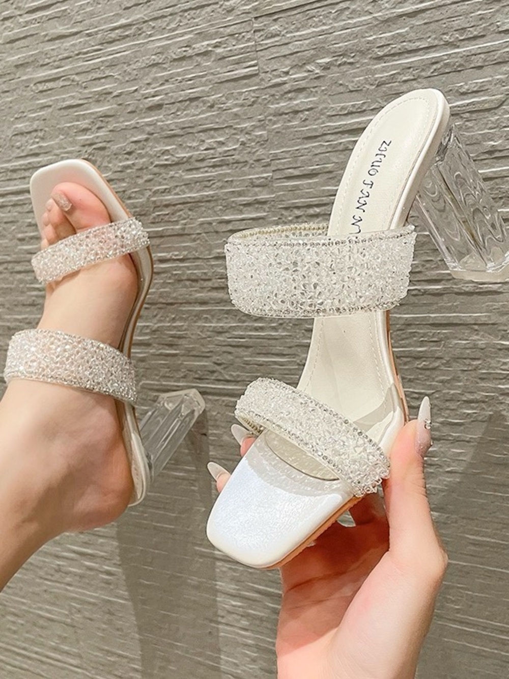 Crystal Strap White Block Heel Sandals - Women